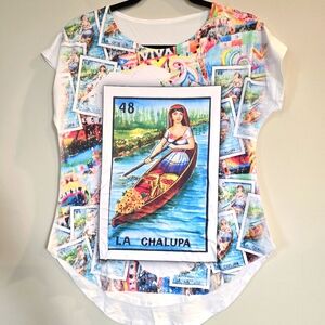 La Chalupa Loteria Mexican Bingo Short Sleeve S/M‎ Shirt Women White.D121